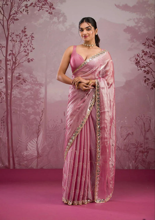 Good Looking Glitter Dori Work Pink Color Designer Saree