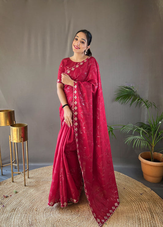 Ready To Wear Sequence With Cut Work Red Color Saree