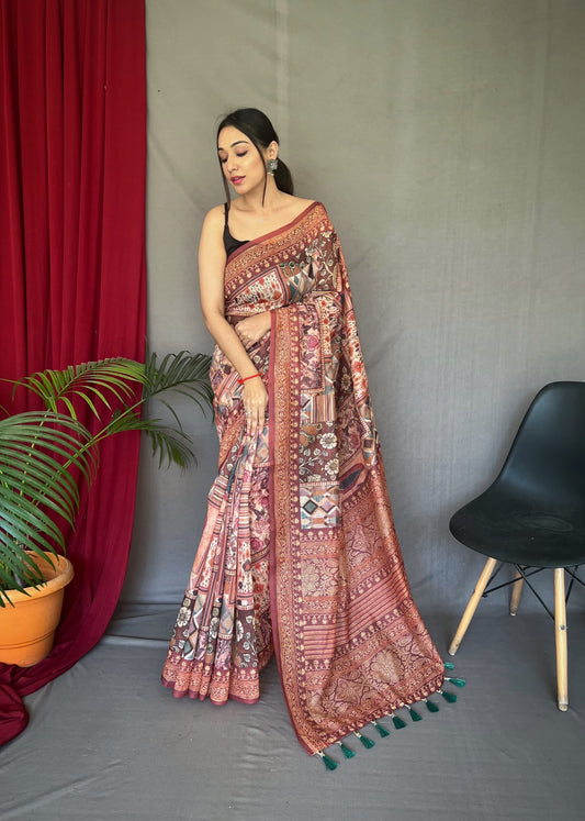 Multi Design With Kashmiri Print Maroon Border Saree